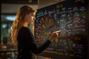 Beautiful woman takes notes on a black board in the office. - obrazy, fototapety, plakaty
