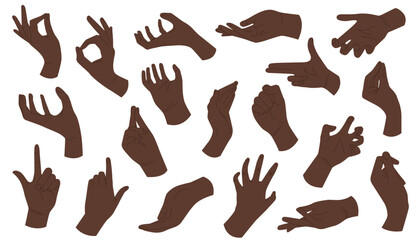 Gesturing. Set of hands in different gestures. Hands poses. Female hands in various situations. Colorful vector illustration