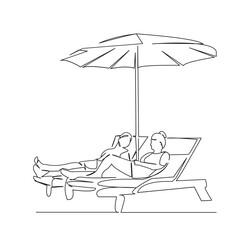 couple relaxing on sun loungers under an umbrella