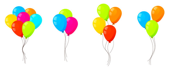 Balloons flying up. Air baloons groups, festive decorations floating. Baloons bunches, bundles. Festive decorations floating, soaring. Helium ballons decor on strings. © Viktoriia