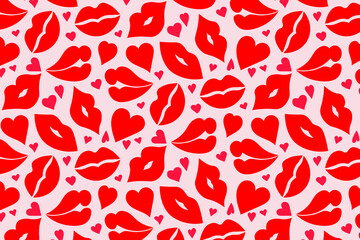 Lips with kisses pattern. Valentine's Day is a symbol of love and affection. Seamless pattern. Vector illustration
