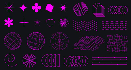 Geometry wireframe shapes and grids in neon pink color. 3D hearts, abstract backgrounds, patterns, cyberpunk elements in trendy psychedelic rave style. 00s Y2k retro futuristic aesthetic. - obrazy, fototapety, plakaty