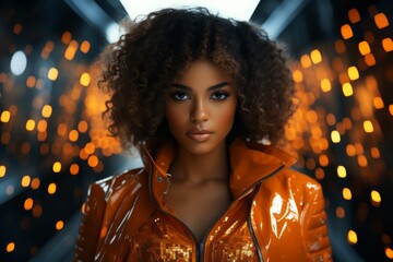 A Young Beautiful Black Woman in Shiny Orange Jacket in Front of a Tunnel of Orange Lights. A woman wearing a shiny orange jacket - obrazy, fototapety, plakaty