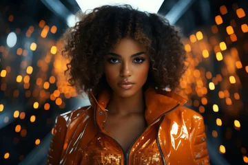 Foto op Canvas A Young Beautiful Black Woman in Shiny Orange Jacket in Front of a Tunnel of Orange Lights. A woman wearing a shiny orange jacket © AI Visual Vault