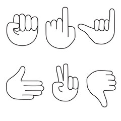 Hand Gestures Sign Black Thin Line Icon Set Include of Fist, Forefinger, Ok and Victory. Vector illustration of Icons
