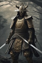 Ghost Samurai, samurai warrior bound by a ghostly curse, wearing shabby samurai armor	