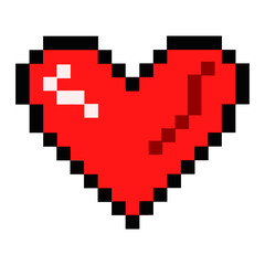 Red heart in pixel valentine. Vintage symbol of love. 8 bit vector illustration for computer game.
