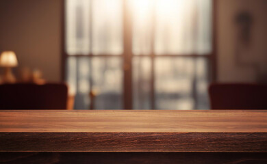 Wooden table or surface with blurred interior background