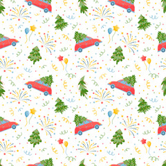 Fototapeta premium Seamless pattern with cars and christmas trees. Vector color illustration