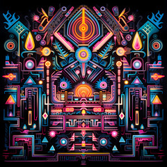a symphony featuring the vivid glow of neon lights, tribal motifs, and cosmic influences