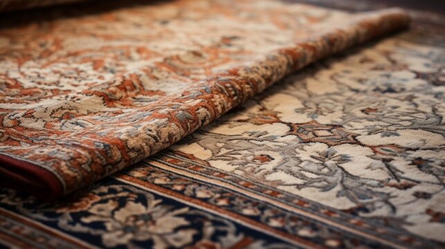 a serene image of a rug's close-up, capturing its intricate woven patterns