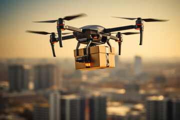 A drone delivers a large yellow postal package to an urban city.
