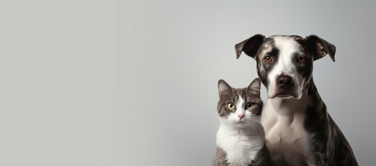 Cat and Dog on a Grey Background with Space for Copy