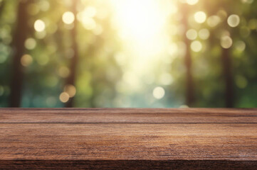 Wooden table or surface with blurred summer forest background - Powered by Adobe