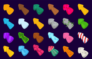 Cartoon glossy arrows. Game arrows asset. Cartoon cursors and pointers interface elements. Mouse cursors for computer game and ui design.