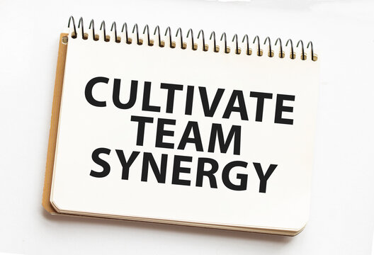 CULTIVATE TEAM SYNERGY on white notebook and white background