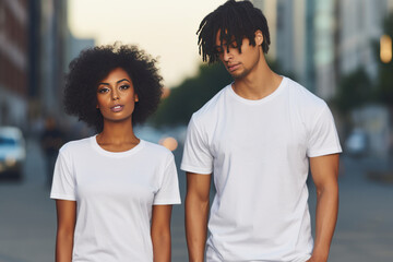 Young american black african woman and man wearing canvas white t-shirt mockup. Design tshirt...