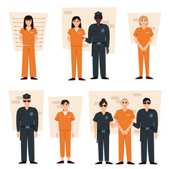Cope and bandit. Cartoon police officers and arrested people in handcuffs. Prisoner men and women wearing orange prison uniforms and orange uniform, prison guards on the side, people standing - obrazy, fototapety, plakaty