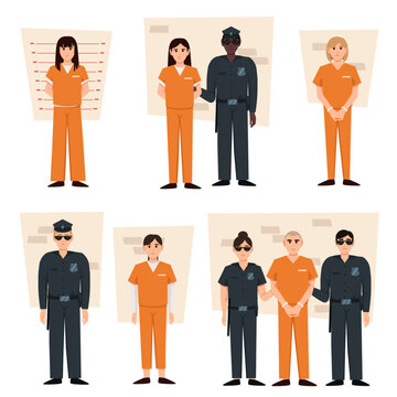 Cope and bandit. Cartoon police officers and arrested people in handcuffs. Prisoner men and women wearing orange prison uniforms and orange uniform, prison guards on the side, people standing
