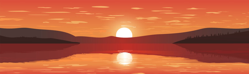 Fototapeta na wymiar Sunset over the lake. Beautiful panoramic landscape of a large lake with reflections, an amazing sunset against the backdrop of silhouettes of trees and mountains. Vector illustration for design.