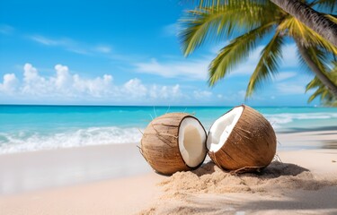 Fototapeta na wymiar coconuts on white beach sand over blue transparent ocean wave background
