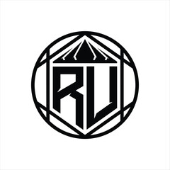 RU Letter Logo monogram hexagon slice crown sharp shield shape isolated circle abstract style design
