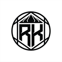 RK Letter Logo monogram hexagon slice crown sharp shield shape isolated circle abstract style design