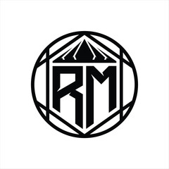 RM Letter Logo monogram hexagon slice crown sharp shield shape isolated circle abstract style design