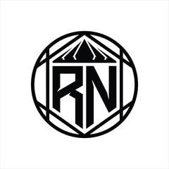 RN Letter Logo monogram hexagon slice crown sharp shield shape isolated circle abstract style design
