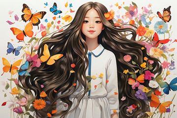 Fototapeta premium colourful flowers blooming and butterflies flying around the little girl | protect the girl child | Child mental health
