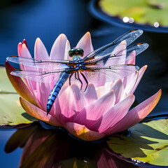 Close-up of a dragonfly resting on a water lily.