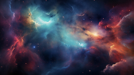  a nebula in space. It appears as a vibrant cloud with a bright center, exhibiting a mix of blue, purple, pink, and orange colors. The background is black, dotted with small white stars