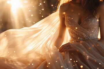 Close-up of chic wedding dress made of delicate fabric with gold embroidery on bride. Bokeh and backlight with copy space - obrazy, fototapety, plakaty