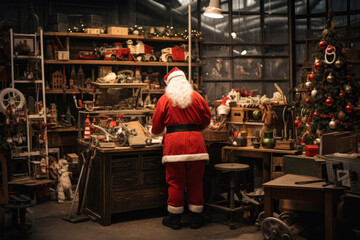 Santa Claus works diligently, creating and wrapping toys in his festive workshop