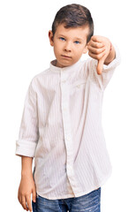 Cute blond kid wearing elegant shirt looking unhappy and angry showing rejection and negative with thumbs down gesture. bad expression.