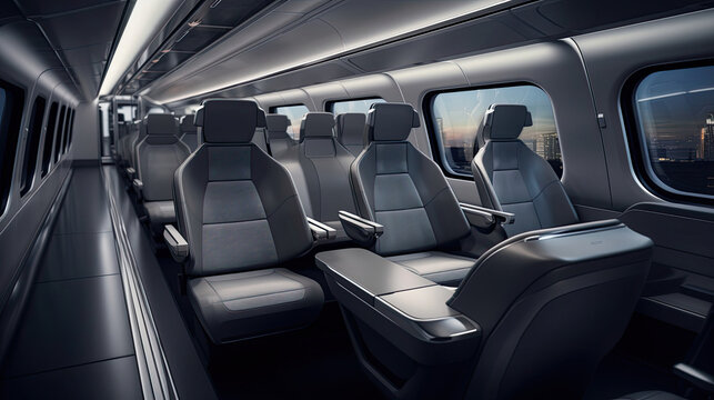 Interior of high-speed train ergonomic seating futuristic lighting charcoal gray