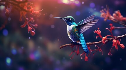 Obraz premium Realistic Illustration of a Hummingbird Flying near Flowers 