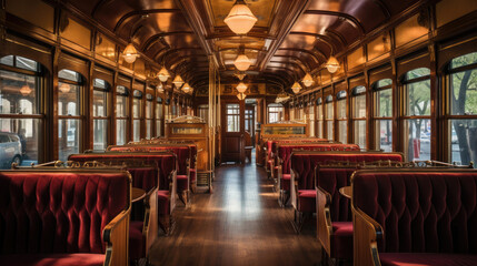 Interior of vintage trolley car oak wood paneling burgundy leather seats ornate fixtures