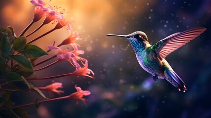 Realistic Illustration of a Hummingbird Flying near Flowers  - Powered by Adobe