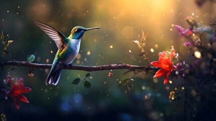 Realistic Illustration of a Hummingbird Flying near Flowers 