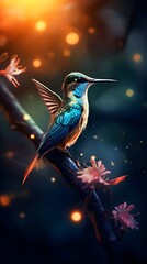 Fototapeta premium Realistic Illustration of a Hummingbird Flying near Flowers 
