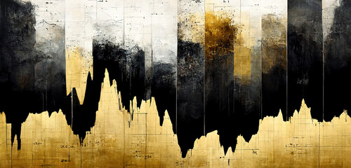 Generative AI, Black and golden watercolor abstract stock market charts painted background. Ink black street graffiti art on a textured paper vintage background, washes and brush strokes - obrazy, fototapety, plakaty
