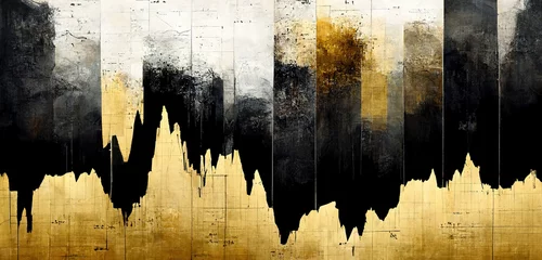 Papier Peint photo Graffiti Generative AI, Black and golden watercolor abstract stock market charts painted background. Ink black street graffiti art on a textured paper vintage background, washes and brush strokes