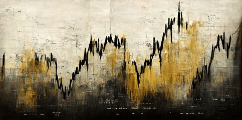 Generative AI, Black and golden watercolor abstract stock market charts painted background. Ink black street graffiti art on a textured paper vintage background, washes and brush strokes - obrazy, fototapety, plakaty
