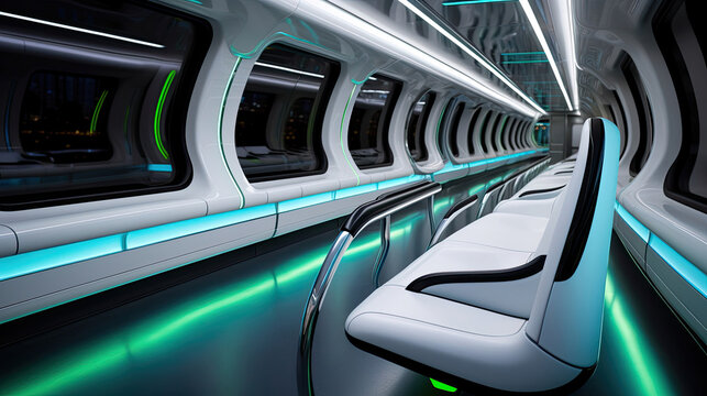 Interior of sleek monorail white surfaces electric blue accents charcoal gray seats LED lighting