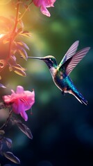 Fototapeta premium Realistic Hummingbird Flying Near Flowers Illustration