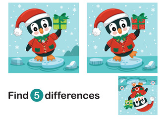 Find 5 differences education game for children with cute Santa Penguin. Vector illustration.