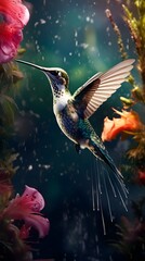 Realistic Hummingbird Flying Near Flowers Illustration