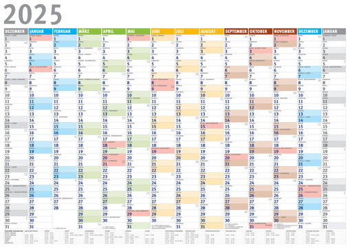 Kalender 2025 (Dezember 2024 bis Januar 2026) mit Ferien 4C