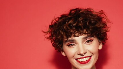 Fashion beauty portrait of young smiling brunette woman with evening stylish  makeup and perfect clean skin. Sexy model with curly short hair posing in studio. With red bright lips - Powered by Adobe
